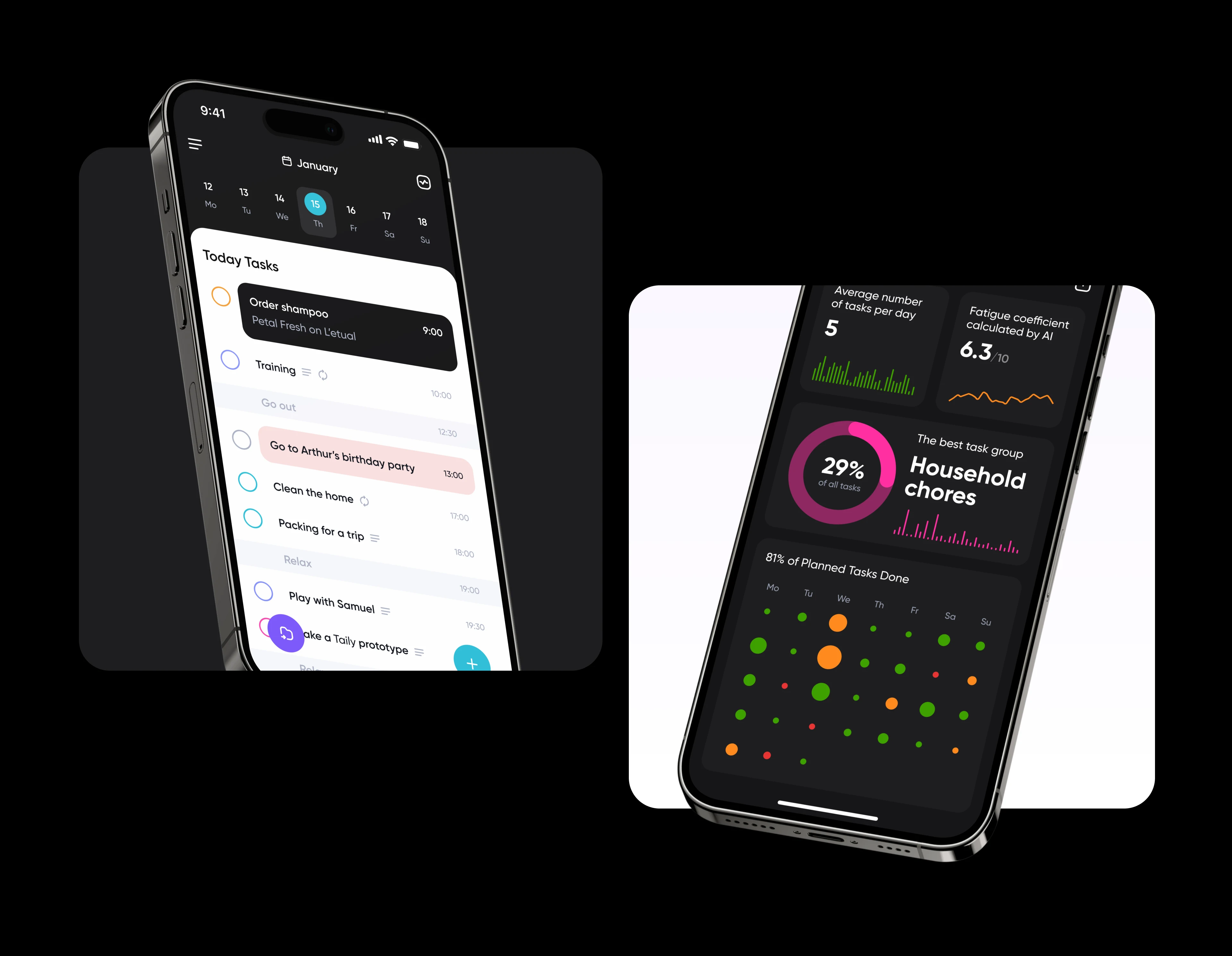 Taily App home screen and analytics on two phones