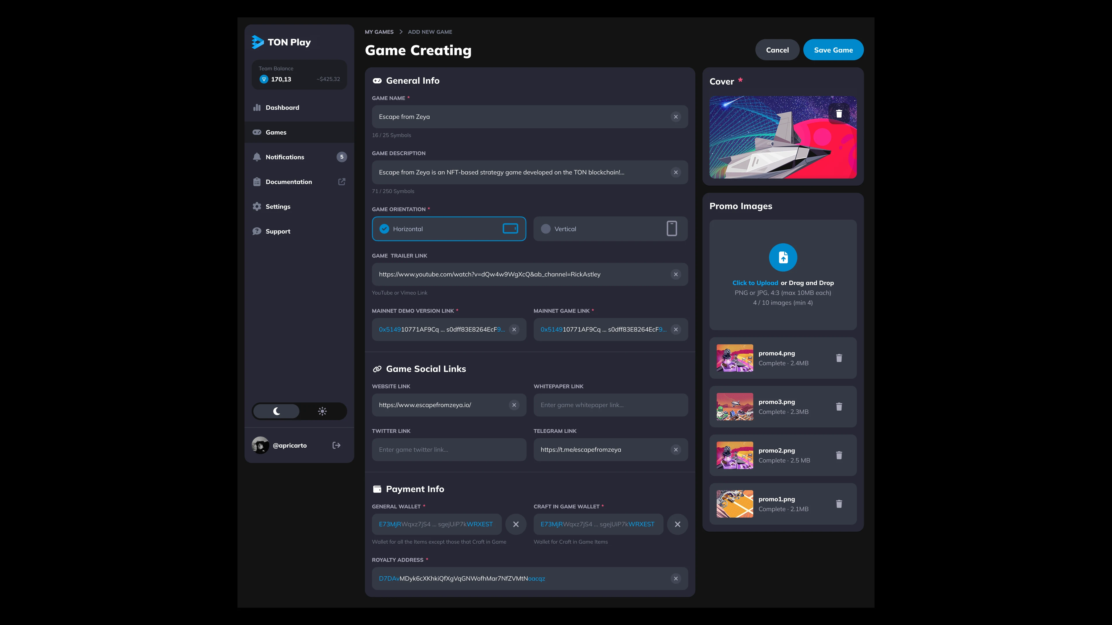 Game creation form