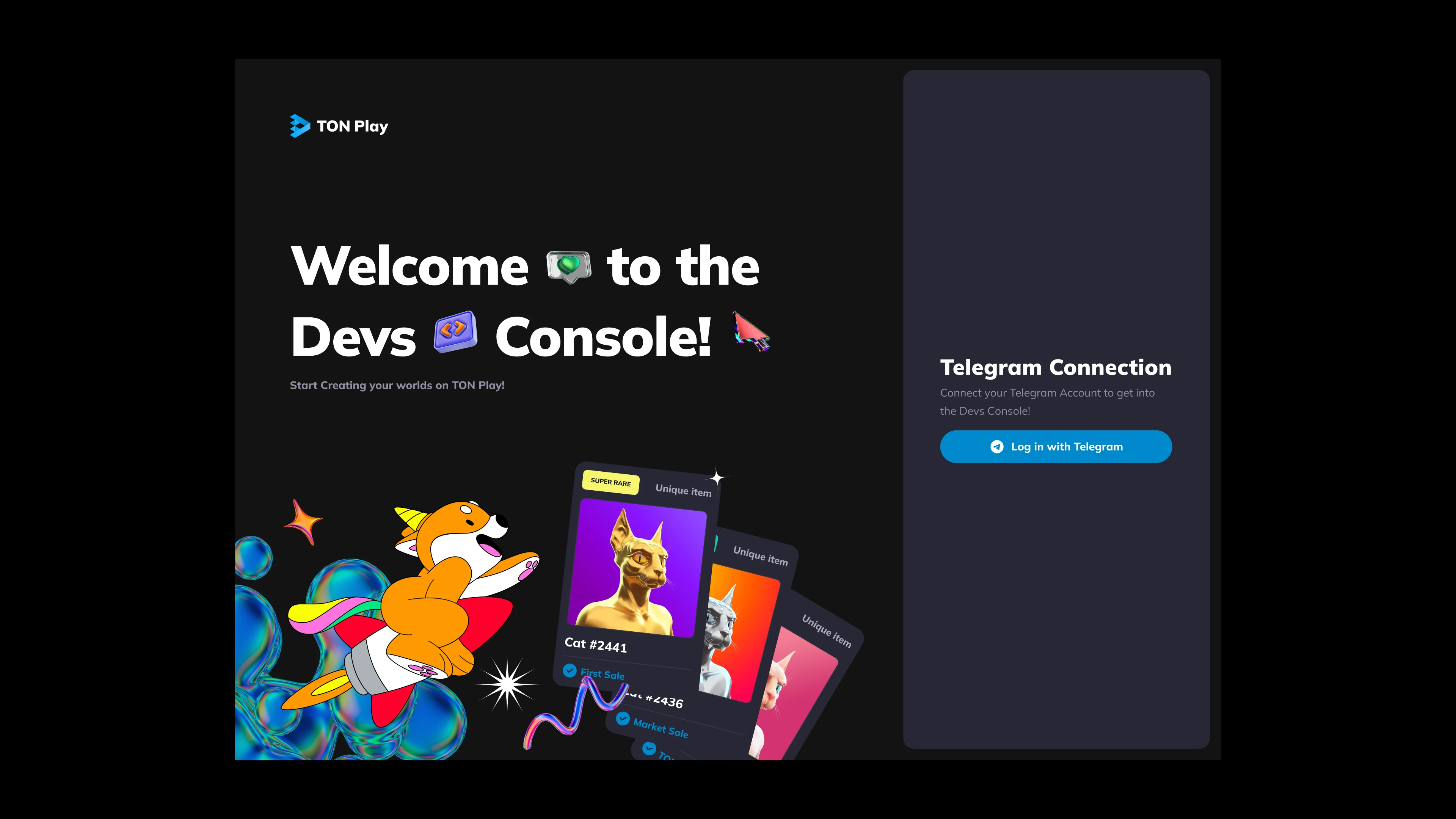 TON Play Devs Console welcome screen